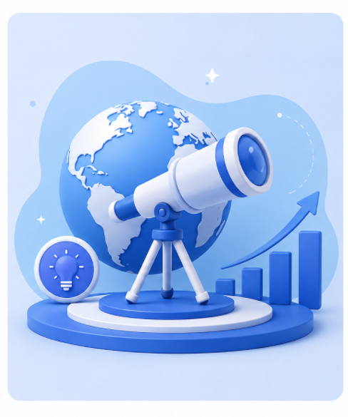Our Vision — telescope and global hospitality growth illustration