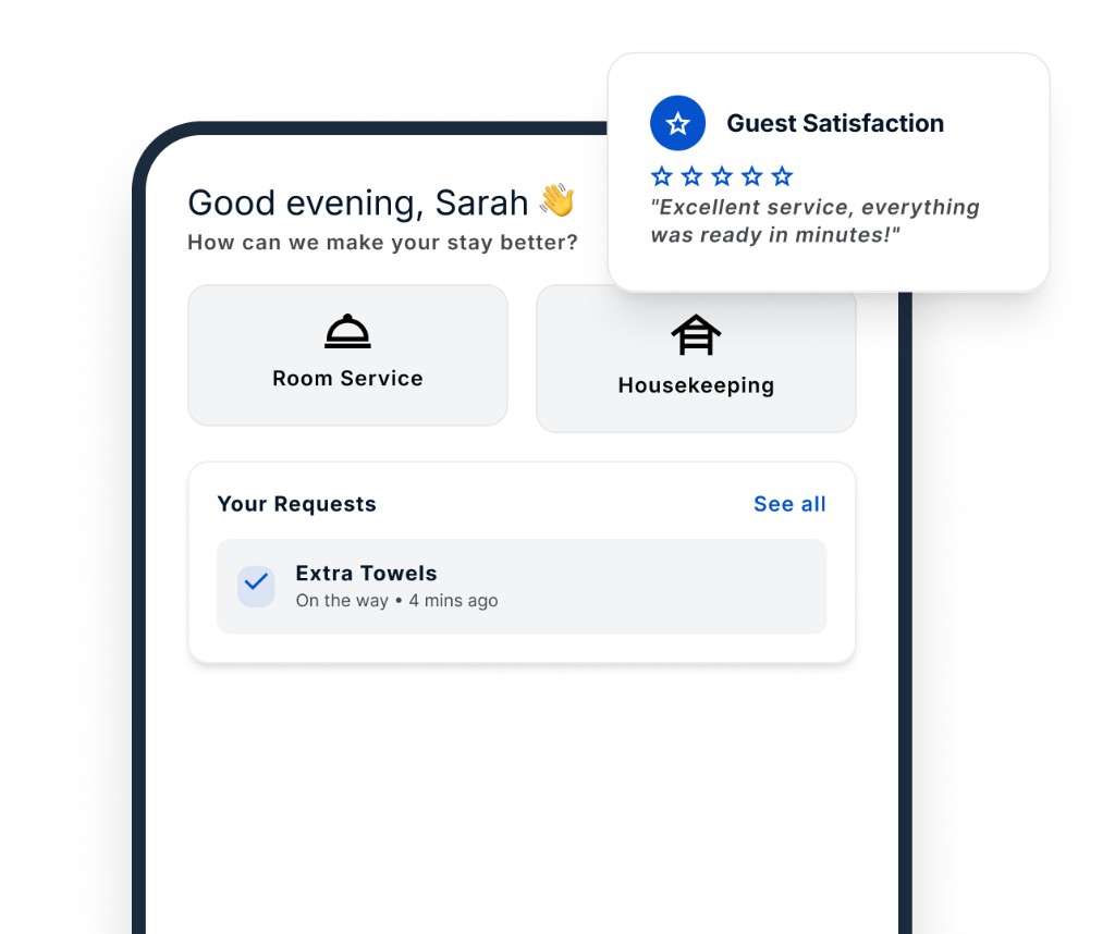 Guest Experience app showing room service and housekeeping requests