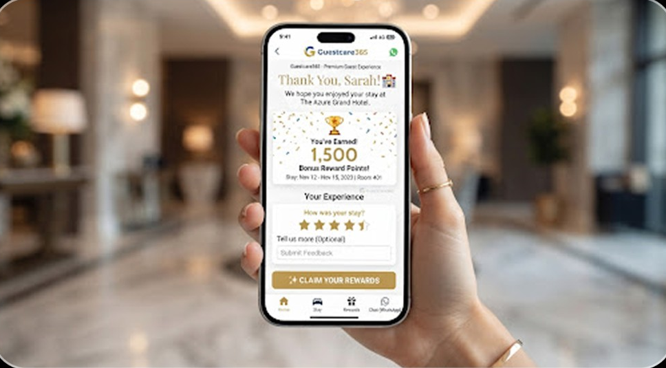 Guest viewing loyalty rewards and rating their stay
