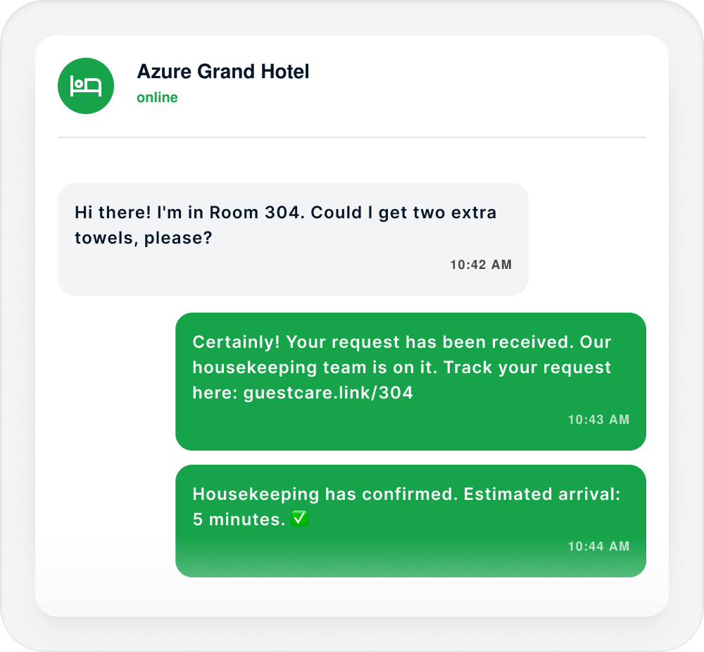 WhatsApp chat with Azure Grand Hotel about extra towels for Room 304