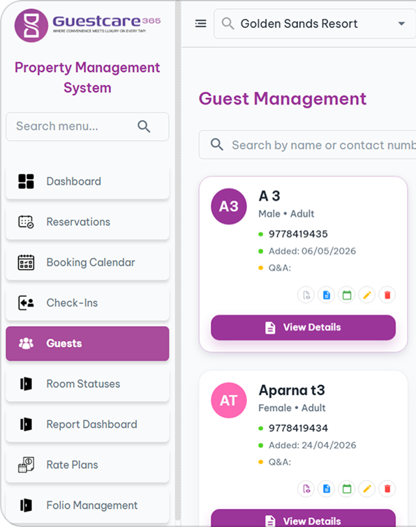 Guestcare Property Management System guest management screen