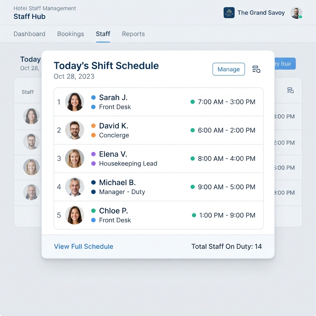 Hotel staff shift schedule dashboard